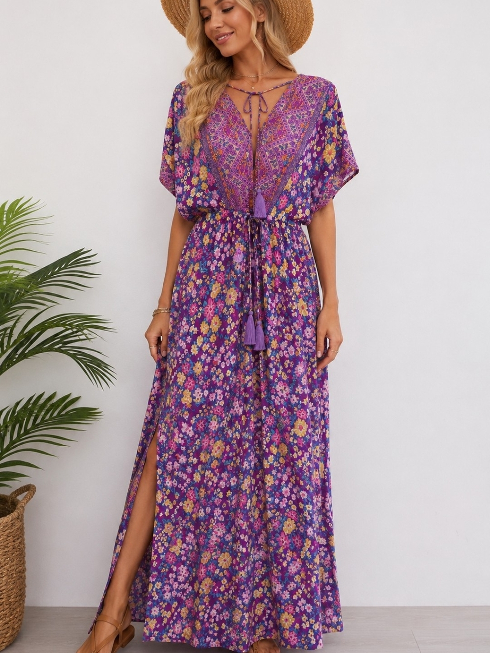 Kimi Collection Purple Floral Boho Kaftan Maxi Rayon Dress Cover-Up Made Bali
